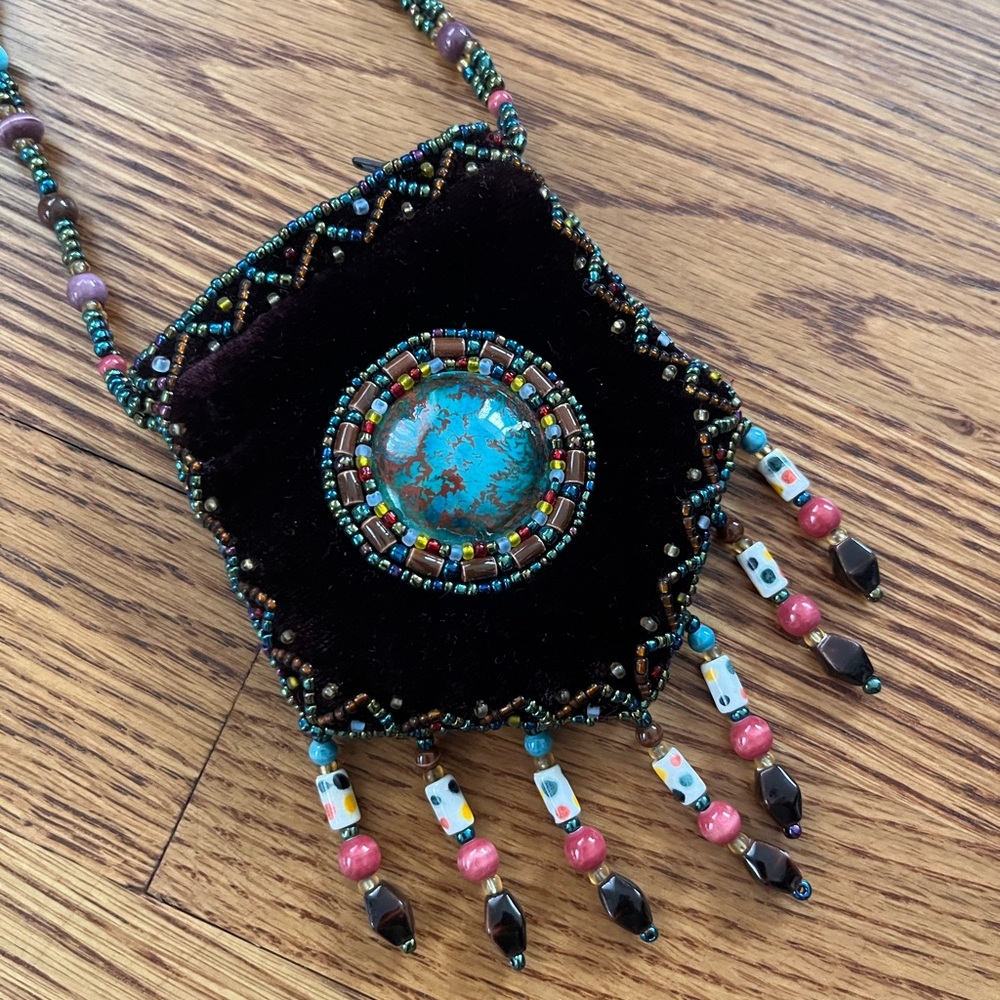 Beaded Mini Crossbody Coin Purse Silk Velvet w/ Zipper, Native Inspired Design